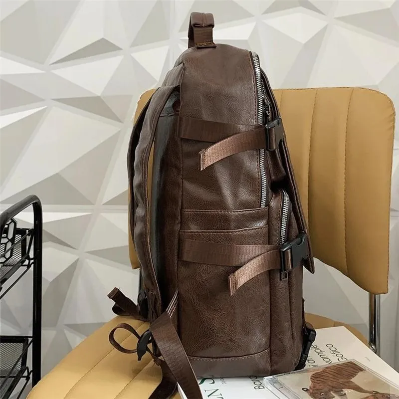 Men's Vintage Leather Buckle Large Capacity Backpack